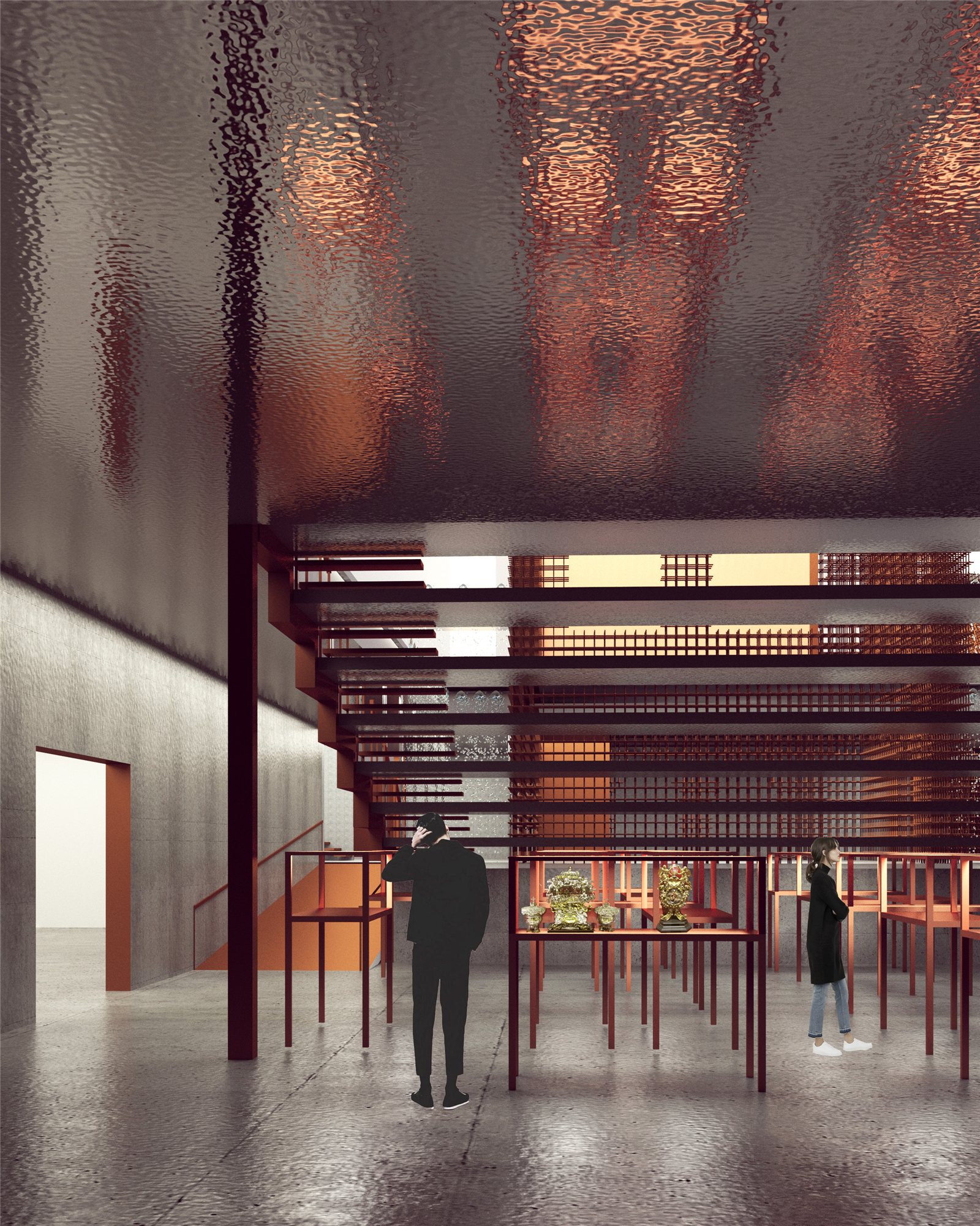 Fracture museum interior with steel mesh ceiling